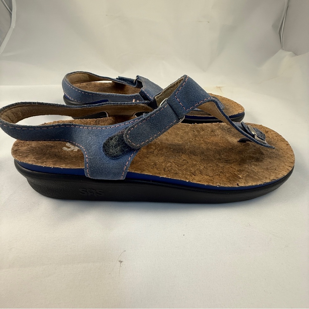 SAS Women's Marina T-strap Sandals in blue suede with cork footbed, comfort